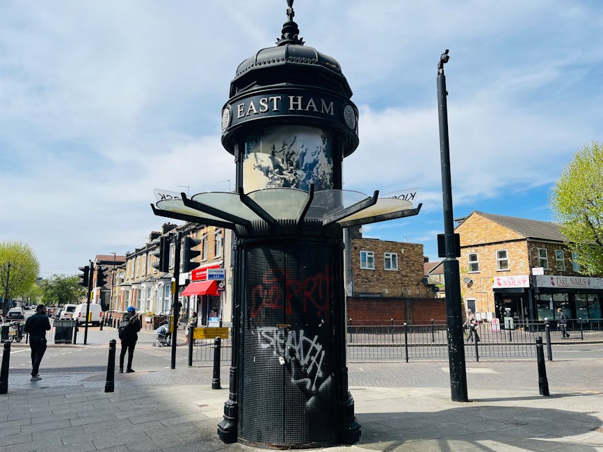 A historic black street clock with a domed top displays 'East Ham' and is situated at a busy street corner near East Ham station E6. The clock is mounted on a cylindrical base that features a perforat